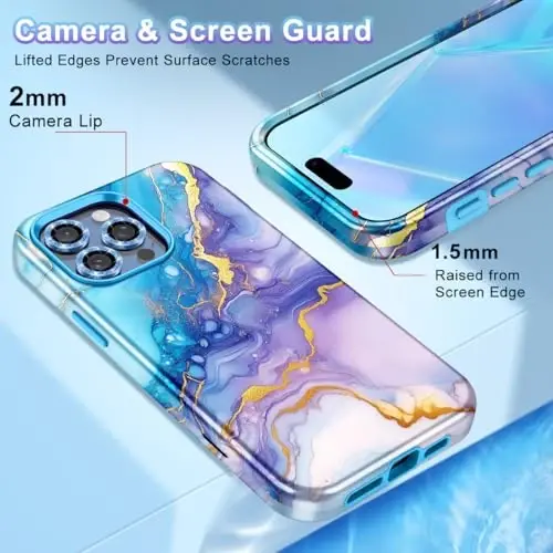 Btscase for iPhone 15 Pro Max Case 6.7 inch (2023), Marble Pattern 3 in 1 Heavy Duty Full Body Shockproof Hard PC+Soft Silicone Drop Protective Women Girls Cover for iPhone 15 Pro Max, Purple Blue - 4