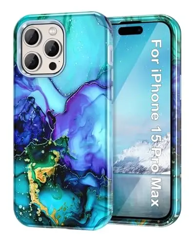 Btscase for iPhone 15 Pro Max Case 6.7 inch (2023), Marmar naqshli 3 in 1 Heavy Duty Full Body Shockproof Hard PC+Soft Silicone Drop Protective Women Girls Cover for iPhone 15 Pro Max, Moviy yashil - 1
