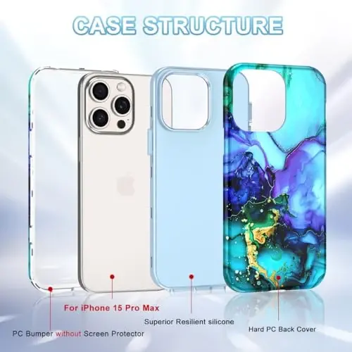 Btscase for iPhone 15 Pro Max Case 6.7 inch (2023), Marmar naqshli 3 in 1 Heavy Duty Full Body Shockproof Hard PC+Soft Silicone Drop Protective Women Girls Cover for iPhone 15 Pro Max, Moviy yashil - 2