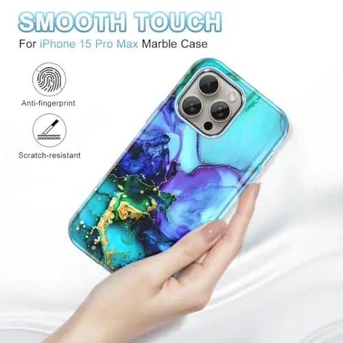 Btscase for iPhone 15 Pro Max Case 6.7 inch (2023), Marmar naqshli 3 in 1 Heavy Duty Full Body Shockproof Hard PC+Soft Silicone Drop Protective Women Girls Cover for iPhone 15 Pro Max, Moviy yashil - 3