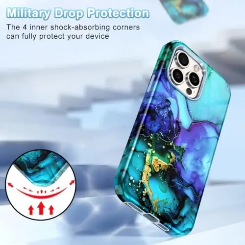 Btscase for iPhone 15 Pro Max Case 6.7 inch (2023), Marmar naqshli 3 in 1 Heavy Duty Full Body Shockproof Hard PC+Soft Silicone Drop Protective Women Girls Cover for iPhone 15 Pro Max, Moviy yashil - 5
