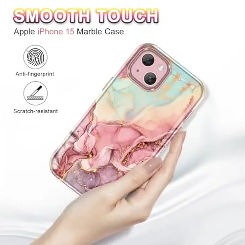 Btscase iPhone 15 G‘ilof uchun 6.1 dyuym (2023), Marmar naqshli 3 tasi 1 da Og‘ir yukga chidamli zarbaga qarshi to‘liq tana qattiq PC + yumshoq silikon tushishdan himoya qiluvchi ayollar qizlar uchun qopqoq iPhone 15, Atirgul Oltin - 3
