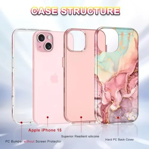 Btscase for iPhone 15 Case 6.1 inch (2023), Marble Pattern 3 in 1 Heavy Duty Shockproof Full Body Hard PC+Soft Silicone Drop Protective Women Girls Cover for iPhone 15, Rose Gold - BTSCASE (1)