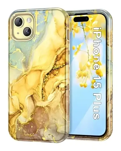 Btscase iPhone 15 Plus G‘ilof uchun 6.7 dyuymli (2023), Marmar Naqshli 3 tasi 1 da Og‘ir yuk ko‘taruvchi to‘liq korpusli zarbaga chidamli qattiq PC + yumshoq silikon tushishdan himoya qiluvchi ayollar qizlar uchun g‘ilof iPhone 15 Plus uchun, Amber Sariq - 1