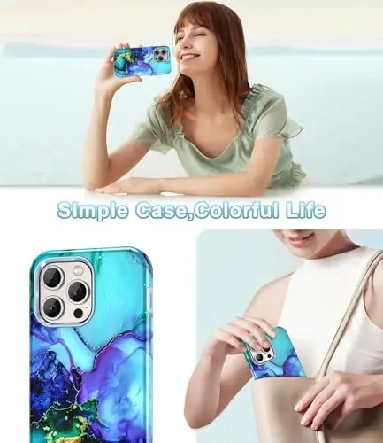 Btscase for iPhone 15 Pro Max Case 6.7 inch (2023), Marble Pattern 3 in 1 Heavy Duty Full Body Shockproof Hard PC+Soft Silicone Drop Protective Women Girls Cover for iPhone 15 Pro Max, Cyan - 6