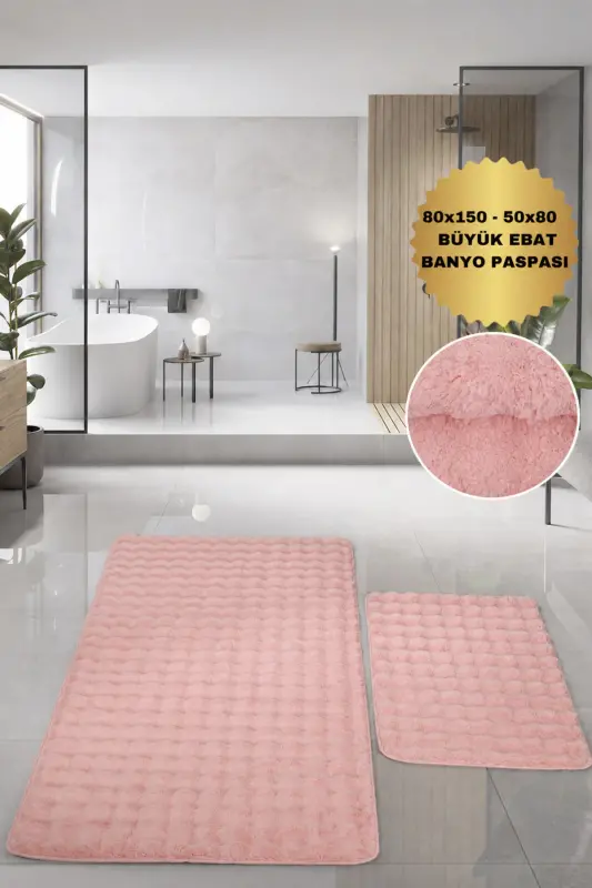 Bubble Pudra Yumuşak Büyük Boy İkili Kaymaz Taban Yıkanabilir Banyo Paspası - Pudra - DOKUMACIOĞLU