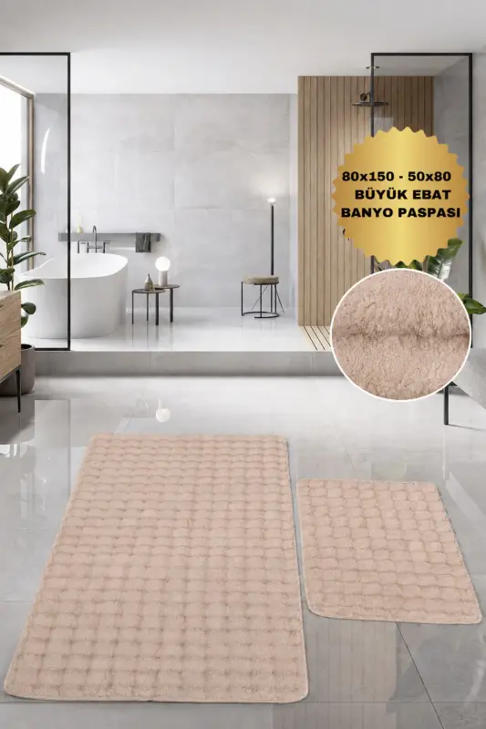 Bubble Vizon Yumuşak Büyük Boy İkili Kaymaz Taban Yıkanabilir Banyo Paspası - Vizon - 1