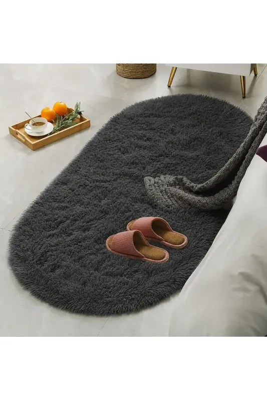BUBLLE Peluş Oval Kesim Kaymaz Taban Yıkanabilir Yumuşak Salon Yatak Odası Halısı Kilim Antrasit - Antrasitşs - SARAR HALI