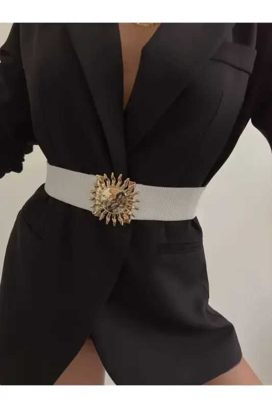 Buckle Closure Elastic Women Belt, Jacket Belt, Shirt Belt, Dress Belt-White - FIORI