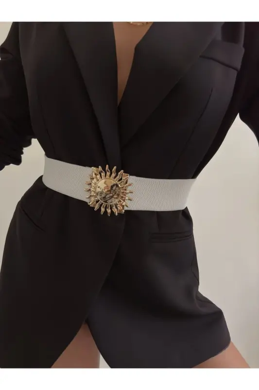 Buckle Closure Elastic Women Belt, Jacket Belt, Shirt Belt, Dress Belt-White - 1