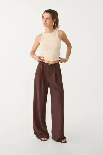 Buckled Belt Detail Wide Leg Pants - Dark Brown - 1