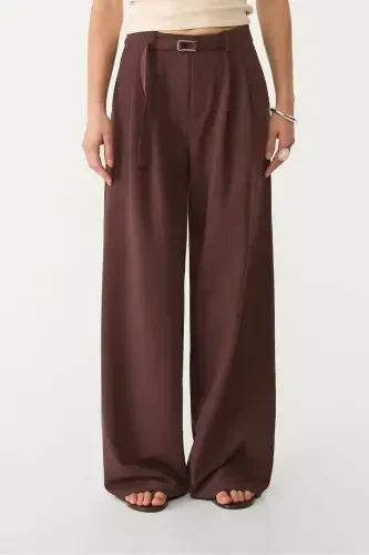 Buckled Belt Detail Wide Leg Pants - Dark Brown - STRADIVARIUS (1)