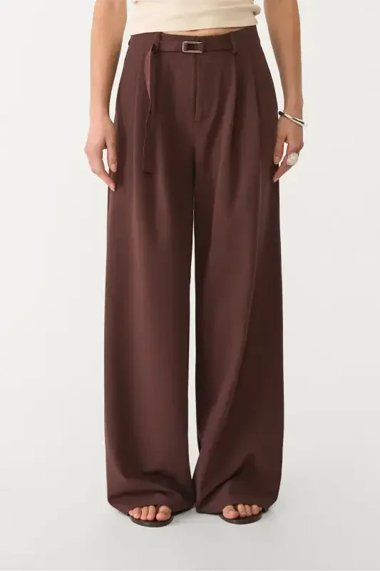 Buckled Belt Detail Wide Leg Pants - Dark Brown - 2