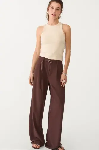 Buckled Belt Detail Wide Leg Pants - Dark Brown - 4
