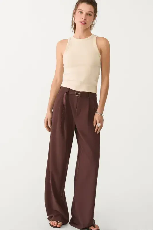 Buckled Belt Detail Wide Leg Pants - Dark Brown - 4