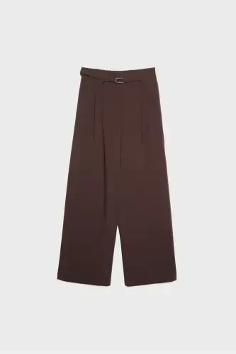 Buckled Belt Detail Wide Leg Pants - Dark Brown - 6