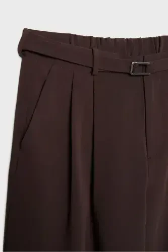 Buckled Belt Detail Wide Leg Pants - Dark Brown - 8