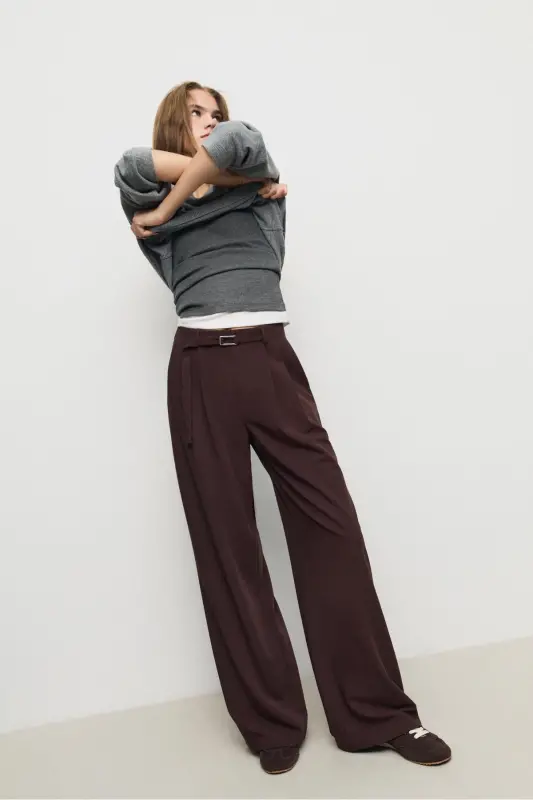 Buckled Belt Detail Wide Leg Pants - Dark Brown - 1