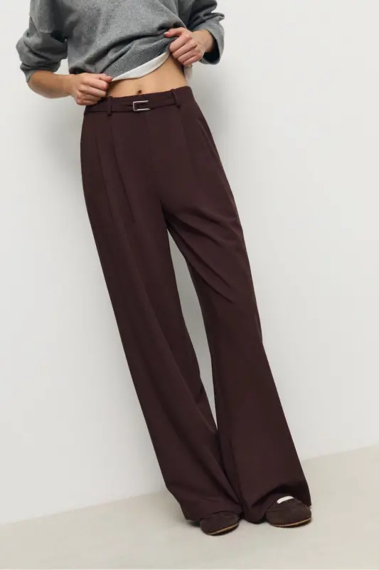 Buckled Belt Detail Wide Leg Pants - Dark Brown - 2