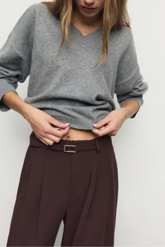 Buckled Belt Detail Wide Leg Pants - Dark Brown - 3