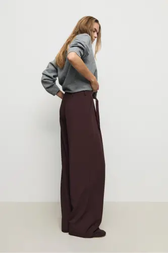 Buckled Belt Detail Wide Leg Pants - Dark Brown - 4
