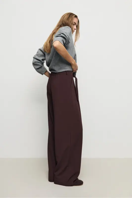 Buckled Belt Detail Wide Leg Pants - Dark Brown - 4