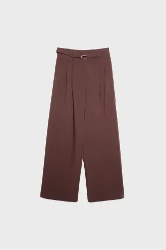 Buckled Belt Detail Wide Leg Pants - Dark Brown - 5
