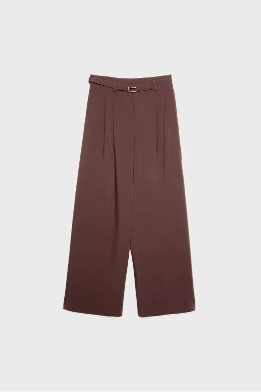 Buckled Belt Detail Wide Leg Pants - Dark Brown - 5