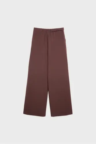 Buckled Belt Detail Wide Leg Pants - Dark Brown - 6
