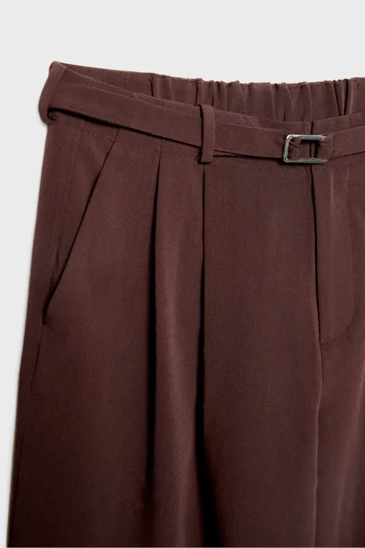 Buckled Belt Detail Wide Leg Pants - Dark Brown - 7