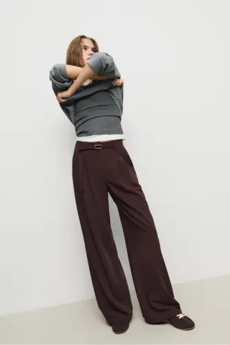 Buckled Belt Detail Wide Leg Pants - Dark Brown - 1
