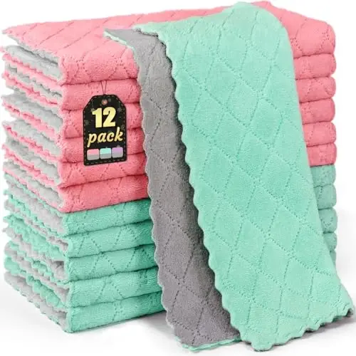 BUEDM 12 Pack Kitchen Cloth Dish Towels, 12x12 inch Soft Premium Dishcloths, Absorbent Microfiber Cleaning Cloth for Cleaning Dishes, Kitchen, Bathroom, Car - 1