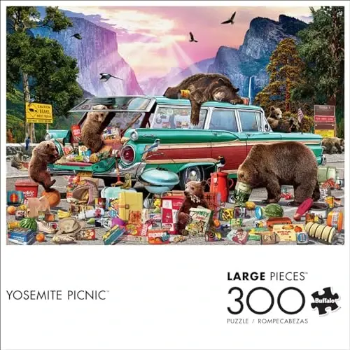 Buffalo Games - Yosemite Picnic - 300 Large Piece Jigsaw Puzzle for Adults | Art by Garry Walton, Made in USA, Easy-Grip Pieces, Recycled Board , Size: 21 x 15 in, With Poster, Frameable Art, Giftable 