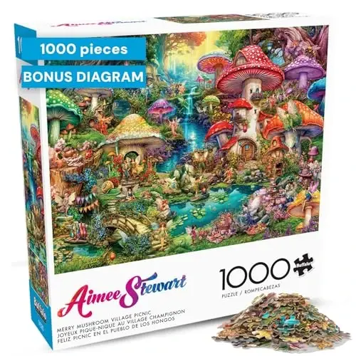 Buffalo Games - 1000 Piece Jigsaw Puzzle Aimee Stewart Merry Mushroom Village Picnic, Made in USA, Premium Recycled Board, Full-Color Poster, Giftable - 1