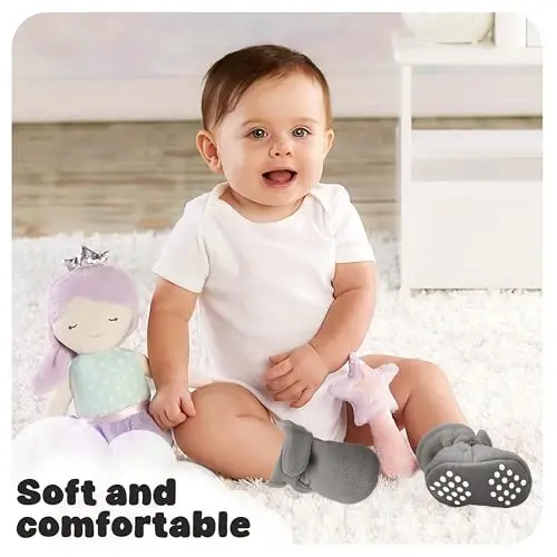 Bufims Baby Fleece Booties Yangi tug'ilgan chaqaloqlar uchun uniseks etiklar, sirpanmaydigan yangi tug'ilgan chaqaloqlar uchun birinchi qadamlar, iliq poyabzal, o'g'il va qiz bolalar uchun uy shippaklari - 2