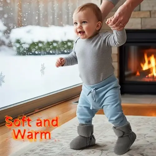 Bufims Baby Fleece Booties Yangi tug'ilgan chaqaloqlar uchun uniseks etiklar, sirpanmaydigan yangi tug'ilgan chaqaloqlar uchun birinchi qadamlar, iliq poyabzal, o'g'il va qiz bolalar uchun uy shippaklari - 7