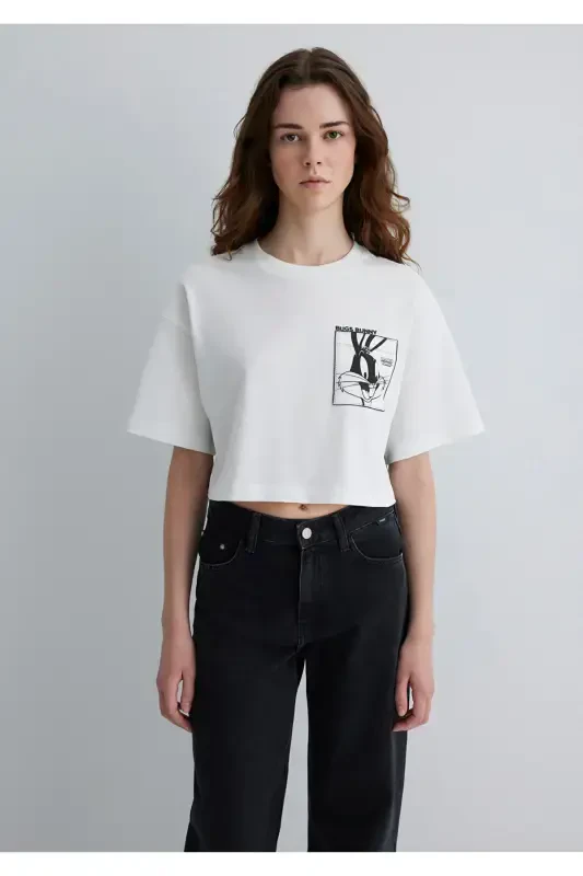 Bugs Bunny Printed White T-Shirt Crop Top - 3