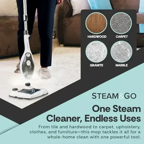 Steam and Go 10-in-1 Steam Mop - Multi-Functional Floor Steamer for Home Use w/Detergent Chamber, Detachable Handle & Handheld Cleaner for Tile, Grout, Hardwood, Upholstery, Carpets & Furniture - 5