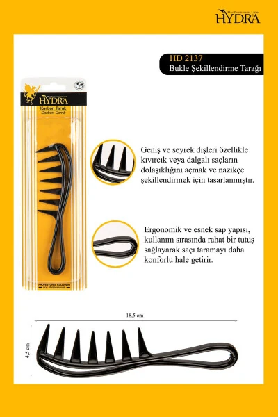 Bukle Tarağı Hd-2137 - Kıvırcık Saçlar Ve Dalgalı Saçlar , Karbon Gövdeli - HYDRA