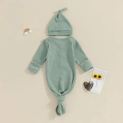 BULINGNA Newborn Baby Boys Girls Knotted Gown with Hat Set, Unisex Infant Nightgown with Mittens Sleepwear One Piece Pajamas - 3