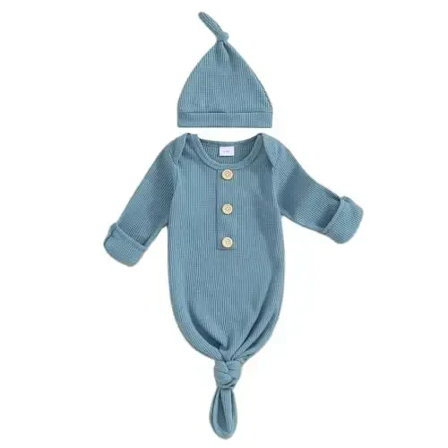 BULINGNA Newborn Baby Boys Girls Knotted Gown with Hat Set, Unisex Infant Nightgown with Mittens Sleepwear One Piece Pajamas 