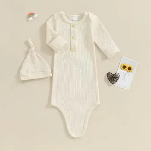 BULINGNA Newborn Baby Boys Girls Knotted Gown with Hat Set, Unisex Infant Nightgown with Mittens Sleepwear One Piece Pajamas - Modazone (1)