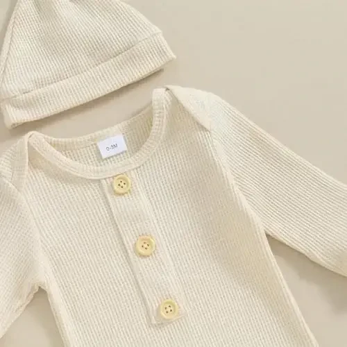 BULINGNA Newborn Baby Boys Girls Knotted Gown with Hat Set, Unisex Infant Nightgown with Mittens Sleepwear One Piece Pajamas - 4