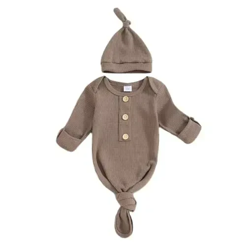 BULINGNA Newborn Baby Boys Girls Knotted Gown with Hat Set, Unisex Infant Nightgown with Mittens Sleepwear One Piece Pajamas - 1
