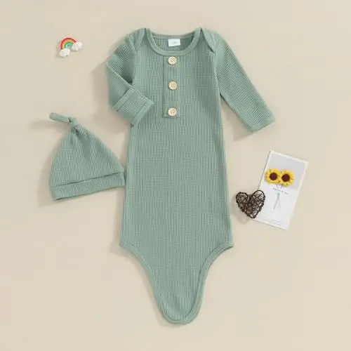 BULINGNA yangi tug'ilgan chaqaloqlar uchun tugunli xalat va shlyapa to'plami, qo'lqopli uniseks chaqaloq tungi ko'ylagi, bir bo'lakli pijama - 2