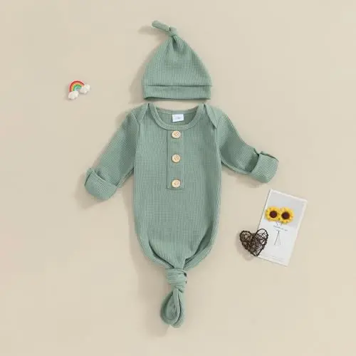 BULINGNA yangi tug'ilgan chaqaloqlar uchun tugunli xalat va shlyapa to'plami, qo'lqopli uniseks chaqaloq tungi ko'ylagi, bir bo'lakli pijama - 4