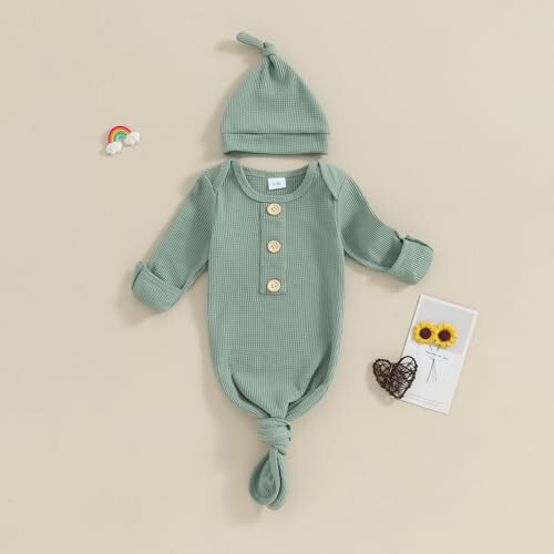 BULINGNA Yeni Doğan Bebek Erkek ve Kızlar Düğümlü Elbise Şapka Seti, Unisex Bebek Geceliği Eldivenli Uyku Kıyafeti Tek Parça Pijama - 46