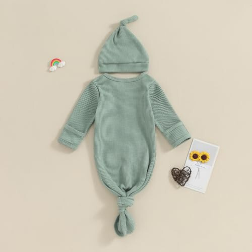 BULINGNA Yeni Doğan Bebek Erkek ve Kızlar Düğümlü Elbise Şapka Seti, Unisex Bebek Geceliği Eldivenli Uyku Kıyafeti Tek Parça Pijama - 38