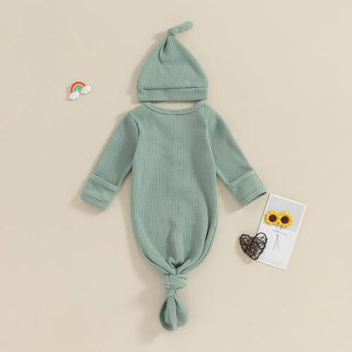 BULINGNA Yeni Doğan Bebek Erkek ve Kızlar Düğümlü Elbise Şapka Seti, Unisex Bebek Geceliği Eldivenli Uyku Kıyafeti Tek Parça Pijama - 38