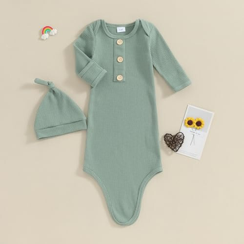 BULINGNA Yeni Doğan Bebek Erkek ve Kızlar Düğümlü Elbise Şapka Seti, Unisex Bebek Geceliği Eldivenli Uyku Kıyafeti Tek Parça Pijama - 30